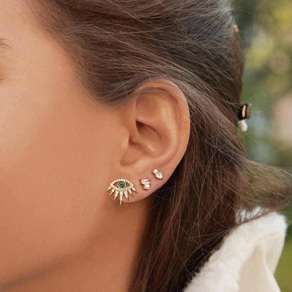 2/$20! Gold Crystal Pave Evil Eye Stud Earrings - Picture 6 of 14